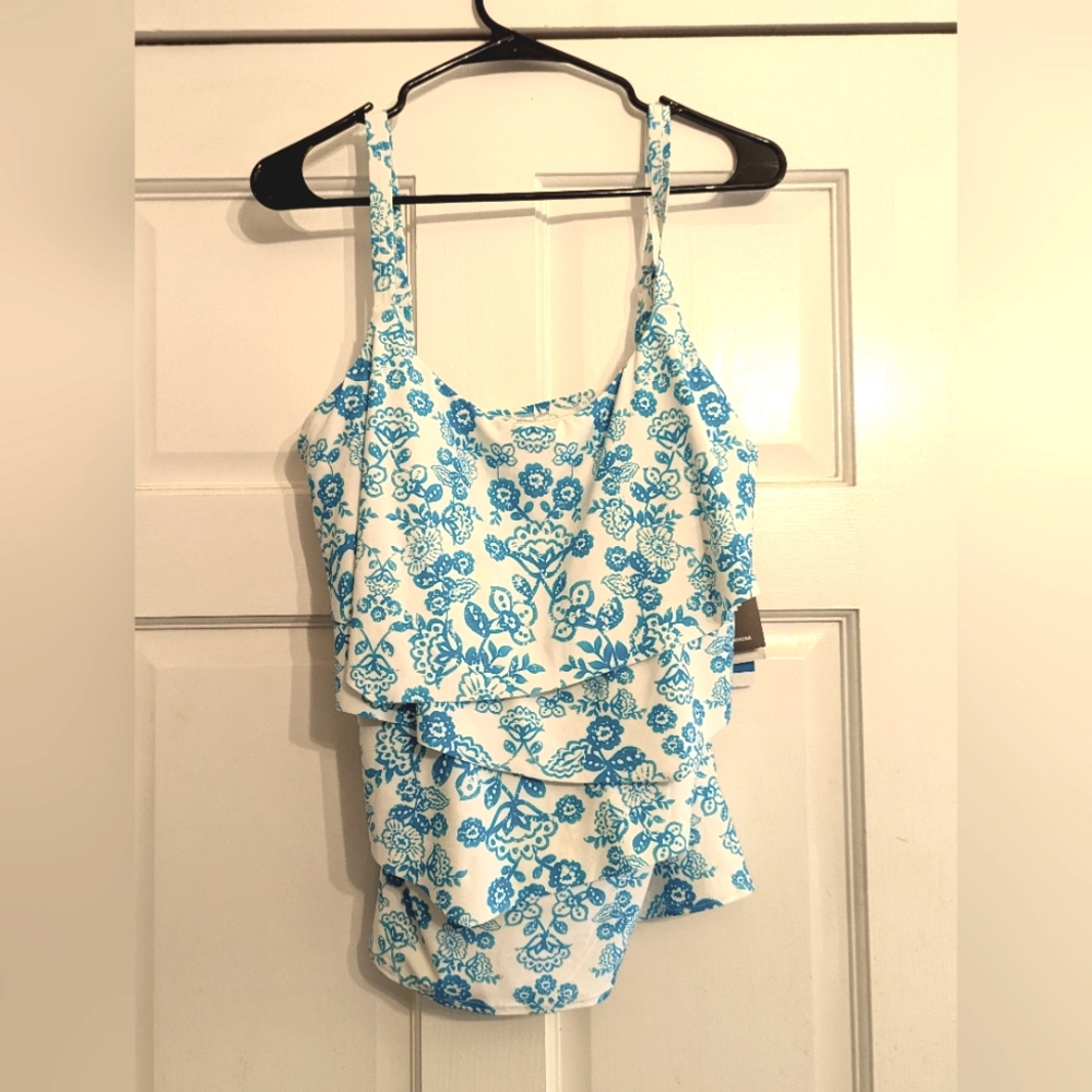 NWT COCO REEF RUFFLE BRA SIZED UNDERWIRE TANKINI TOP - BLUE/WHITE - 36D